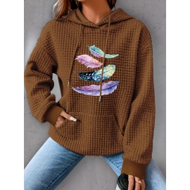 Plus Size Feather Print Hoodie, Casual Kangaroo Pocket Drawstring Long Sleeve Hooded Sweatshirt, Women's Plus Size Clothing
