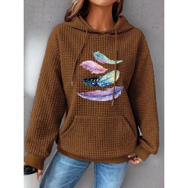 Plus Size Feather Print Hoodie, Casual Kangaroo Pocket Drawstring Long Sleeve Hooded Sweatshirt, Women's Plus Size Clothing
