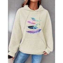 Plus Size Feather Print Hoodie, Casual Kangaroo Pocket Drawstring Long Sleeve Hooded Sweatshirt, Women's Plus Size Clothing