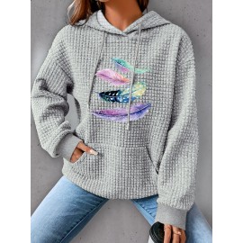 Plus Size Feather Print Hoodie, Casual Kangaroo Pocket Drawstring Long Sleeve Hooded Sweatshirt, Women's Plus Size Clothing
