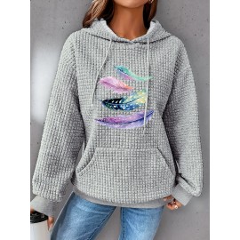 Plus Size Feather Print Hoodie, Casual Kangaroo Pocket Drawstring Long Sleeve Hooded Sweatshirt, Women's Plus Size Clothing