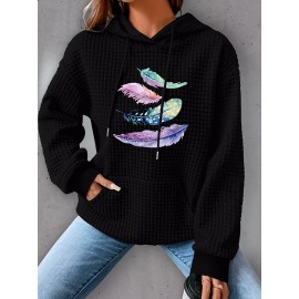 Plus Size Feather Print Hoodie, Casual Kangaroo Pocket Drawstring Long Sleeve Hooded Sweatshirt, Women's Plus Size Clothing
