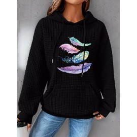 Plus Size Feather Print Hoodie, Casual Kangaroo Pocket Drawstring Long Sleeve Hooded Sweatshirt, Women's Plus Size Clothing