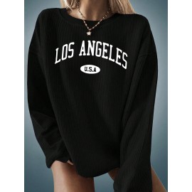 Plus Size Los Angeles Print Crew Neck Pullover Sweatshirt, Casual Long Sleeve Sweatshirt For Fall & Winter, Women's Plus Size Clothing
