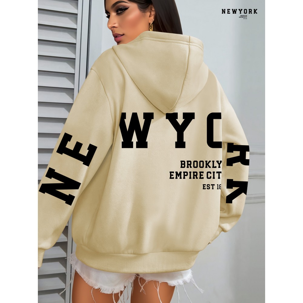 Plus Size NEW YORK Print Kangaroo Pocket Hoodie, Casual Long Sleeve Drawstring Hoodies Sweatshirt For Spring & Fall, Women's Plus Size Clothing
