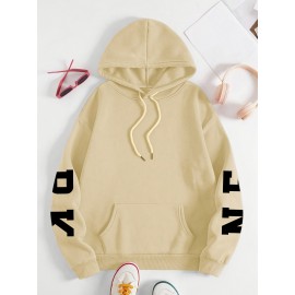 Plus Size NEW YORK Print Kangaroo Pocket Hoodie, Casual Long Sleeve Drawstring Hoodies Sweatshirt For Spring & Fall, Women's Plus Size Clothing