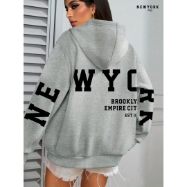 Plus Size NEW YORK Print Kangaroo Pocket Hoodie, Casual Long Sleeve Drawstring Hoodies Sweatshirt For Spring & Fall, Women's Plus Size Clothing