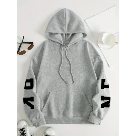 Plus Size NEW YORK Print Kangaroo Pocket Hoodie, Casual Long Sleeve Drawstring Hoodies Sweatshirt For Spring & Fall, Women's Plus Size Clothing