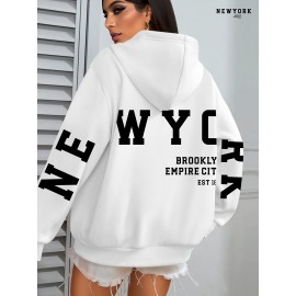 Plus Size NEW YORK Print Kangaroo Pocket Hoodie, Casual Long Sleeve Drawstring Hoodies Sweatshirt For Spring & Fall, Women's Plus Size Clothing