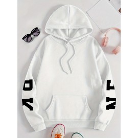 Plus Size NEW YORK Print Kangaroo Pocket Hoodie, Casual Long Sleeve Drawstring Hoodies Sweatshirt For Spring & Fall, Women's Plus Size Clothing