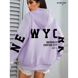 Plus Size NEW YORK Print Kangaroo Pocket Hoodie, Casual Long Sleeve Drawstring Hoodies Sweatshirt For Spring & Fall, Women's Plus Size Clothing