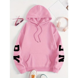 Plus Size NEW YORK Print Kangaroo Pocket Hoodie, Casual Long Sleeve Drawstring Hoodies Sweatshirt For Spring & Fall, Women's Plus Size Clothing