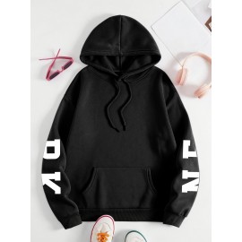 Plus Size NEW YORK Print Kangaroo Pocket Hoodie, Casual Long Sleeve Drawstring Hoodies Sweatshirt For Spring & Fall, Women's Plus Size Clothing