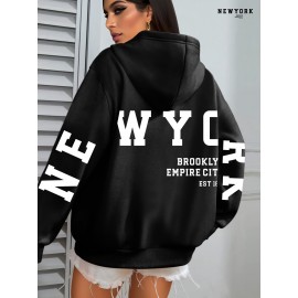 Plus Size NEW YORK Print Kangaroo Pocket Hoodie, Casual Long Sleeve Drawstring Hoodies Sweatshirt For Spring & Fall, Women's Plus Size Clothing