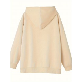 Plus Size Casual Sweatshirt, Women's Plus Slogan Print Fleece Liner Long Sleeve Drawstring Hooded Sweatshirt With Pockets