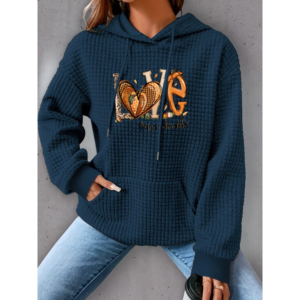 Plus Size Love Print Hoodie, Casual Kangaroo Pocket Drawstring Long Sleeve Hooded Sweatshirt, Women's Plus Size Clothing