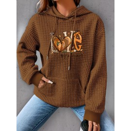 Plus Size Love Print Hoodie, Casual Kangaroo Pocket Drawstring Long Sleeve Hooded Sweatshirt, Women's Plus Size Clothing