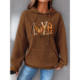 Plus Size Love Print Hoodie, Casual Kangaroo Pocket Drawstring Long Sleeve Hooded Sweatshirt, Women's Plus Size Clothing