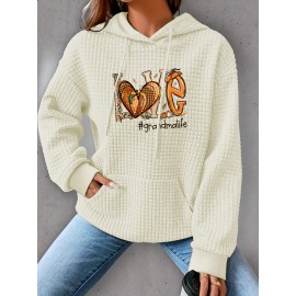Plus Size Love Print Hoodie, Casual Kangaroo Pocket Drawstring Long Sleeve Hooded Sweatshirt, Women's Plus Size Clothing