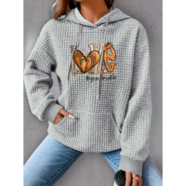 Plus Size Love Print Hoodie, Casual Kangaroo Pocket Drawstring Long Sleeve Hooded Sweatshirt, Women's Plus Size Clothing