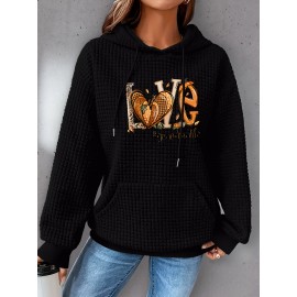 Plus Size Love Print Hoodie, Casual Kangaroo Pocket Drawstring Long Sleeve Hooded Sweatshirt, Women's Plus Size Clothing