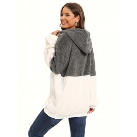 Plus Size Color Block Fuzzy Drawstring Hoodie, Casual Zipper Front Loose Warm Sweatshirt For Fall & Winter, Women's Plus Size Clothing