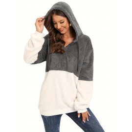 Plus Size Color Block Fuzzy Drawstring Hoodie, Casual Zipper Front Loose Warm Sweatshirt For Fall & Winter, Women's Plus Size Clothing