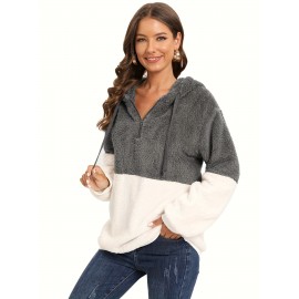 Plus Size Color Block Fuzzy Drawstring Hoodie, Casual Zipper Front Loose Warm Sweatshirt For Fall & Winter, Women's Plus Size Clothing