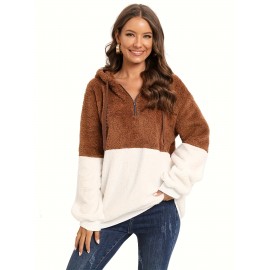 Plus Size Color Block Fuzzy Drawstring Hoodie, Casual Zipper Front Loose Warm Sweatshirt For Fall & Winter, Women's Plus Size Clothing