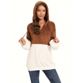 Plus Size Color Block Fuzzy Drawstring Hoodie, Casual Zipper Front Loose Warm Sweatshirt For Fall & Winter, Women's Plus Size Clothing