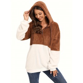 Plus Size Color Block Fuzzy Drawstring Hoodie, Casual Zipper Front Loose Warm Sweatshirt For Fall & Winter, Women's Plus Size Clothing