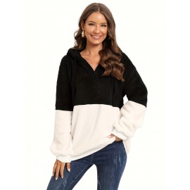Plus Size Color Block Fuzzy Drawstring Hoodie, Casual Zipper Front Loose Warm Sweatshirt For Fall & Winter, Women's Plus Size Clothing