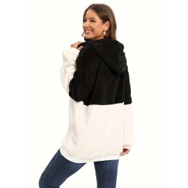 Plus Size Color Block Fuzzy Drawstring Hoodie, Casual Zipper Front Loose Warm Sweatshirt For Fall & Winter, Women's Plus Size Clothing