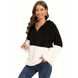 Plus Size Color Block Fuzzy Drawstring Hoodie, Casual Zipper Front Loose Warm Sweatshirt For Fall & Winter, Women's Plus Size Clothing