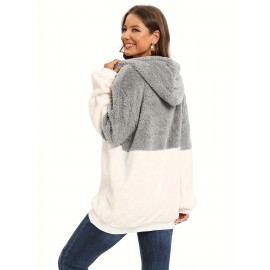 Plus Size Color Block Fuzzy Drawstring Hoodie, Casual Zipper Front Loose Warm Sweatshirt For Fall & Winter, Women's Plus Size Clothing