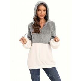 Plus Size Color Block Fuzzy Drawstring Hoodie, Casual Zipper Front Loose Warm Sweatshirt For Fall & Winter, Women's Plus Size Clothing