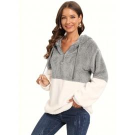 Plus Size Color Block Fuzzy Drawstring Hoodie, Casual Zipper Front Loose Warm Sweatshirt For Fall & Winter, Women's Plus Size Clothing