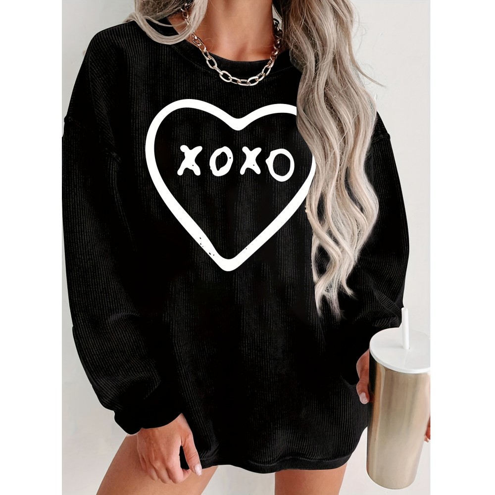 Plus Size Heart Print Sweatshirt, Casual Crew Neck Long Sleeve Pullover Sweatshirt For Fall & Spring, Women's Plus Size Clothing