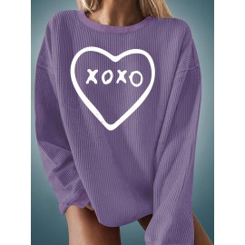 Plus Size Heart Print Sweatshirt, Casual Crew Neck Long Sleeve Pullover Sweatshirt For Fall & Spring, Women's Plus Size Clothing