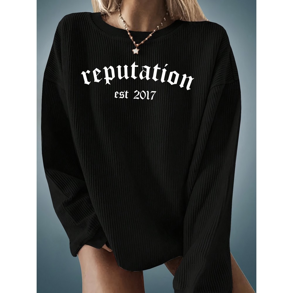 Plus Size Reputation Print Crew Neck Pullover Sweatshirt, Casual Long Sleeve Sweatshirt For Fall & Winter, Women's Plus Size Clothing