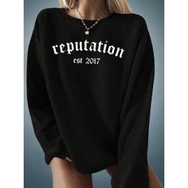 Plus Size Reputation Print Crew Neck Pullover Sweatshirt, Casual Long Sleeve Sweatshirt For Fall & Winter, Women's Plus Size Clothing