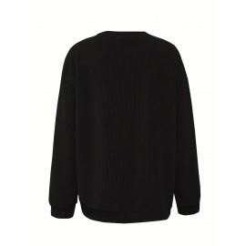 Plus Size Reputation Print Crew Neck Pullover Sweatshirt, Casual Long Sleeve Sweatshirt For Fall & Winter, Women's Plus Size Clothing