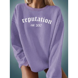 Plus Size Reputation Print Crew Neck Pullover Sweatshirt, Casual Long Sleeve Sweatshirt For Fall & Winter, Women's Plus Size Clothing