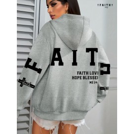 Plus Size FAITH Print Kangaroo Pocket Hoodie, Casual Long Sleeve Drawstring Hoodies Sweatshirt For Spring & Fall, Women's Plus Size Clothing