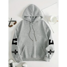 Plus Size FAITH Print Kangaroo Pocket Hoodie, Casual Long Sleeve Drawstring Hoodies Sweatshirt For Spring & Fall, Women's Plus Size Clothing