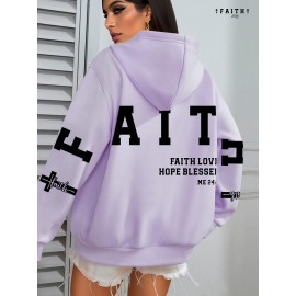 Plus Size FAITH Print Kangaroo Pocket Hoodie, Casual Long Sleeve Drawstring Hoodies Sweatshirt For Spring & Fall, Women's Plus Size Clothing