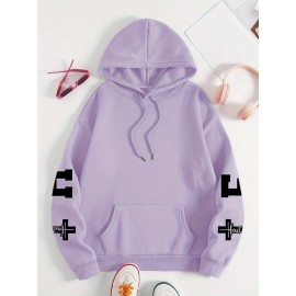 Plus Size FAITH Print Kangaroo Pocket Hoodie, Casual Long Sleeve Drawstring Hoodies Sweatshirt For Spring & Fall, Women's Plus Size Clothing