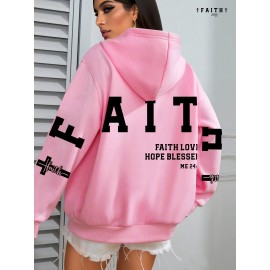 Plus Size FAITH Print Kangaroo Pocket Hoodie, Casual Long Sleeve Drawstring Hoodies Sweatshirt For Spring & Fall, Women's Plus Size Clothing