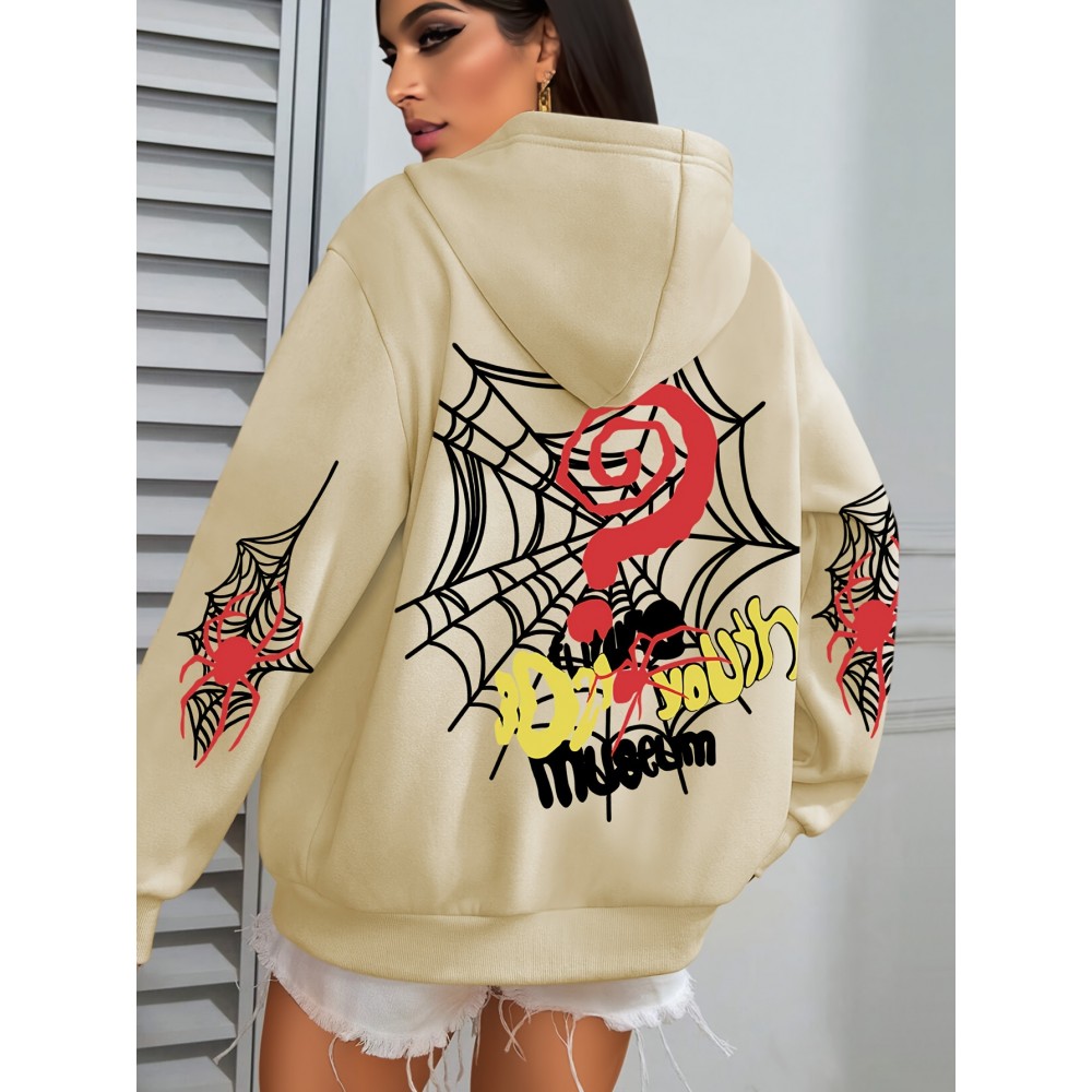 Plus Size Spider Web Print Kangaroo Pocket Hoodie, Casual Long Sleeve Drawstring Hoodies Sweatshirt For Spring & Fall, Women's Plus Size Clothing