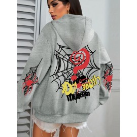 Plus Size Spider Web Print Kangaroo Pocket Hoodie, Casual Long Sleeve Drawstring Hoodies Sweatshirt For Spring & Fall, Women's Plus Size Clothing